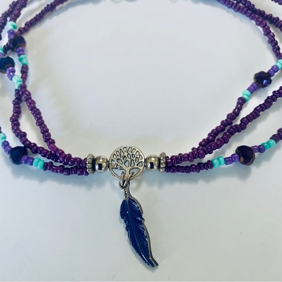 BOHEMIAN HANDMADE ANKLET PURPLE BEADS WITH FEATHER CHARM MULTICOLOR - Picture 6 of 10